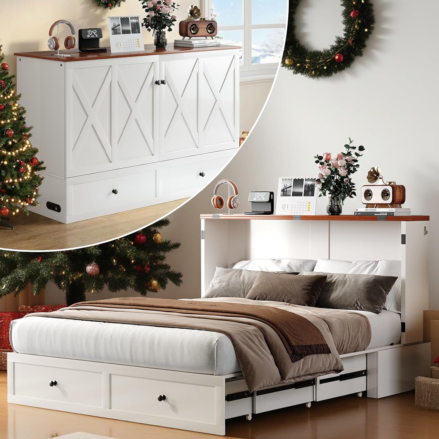 ijuicy Queen Size Murphy Bed with Mattress & Extra Large Drawers, Multifunctional Cabinet Beds with USB Charging Station, Murphy Bed Chest for Home, Mattress Included (White & Brown)