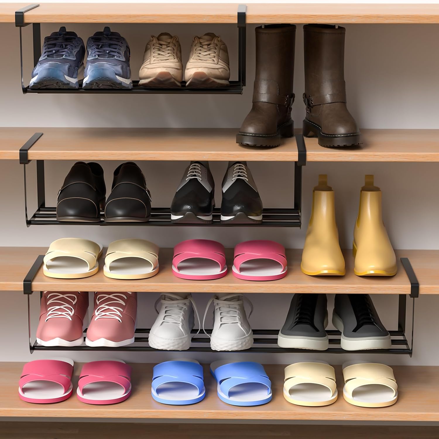 2 Pcs Expandable Shoe Rack Organizer for Closet 16.5-31.5 Inch Adjustable Retractable Hanging Cabinet Shoe Shelf Dorm Room Storage for Space Saving (Black)