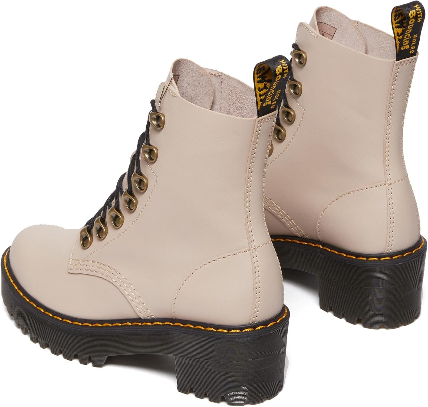 Dr. Martens Leona Boots for Women - Chunky Heel – Air-Cushioned Sole – Antique Brass Eyelets – Grained Effects Vintage Taupe Smooth UK 6 (US Women's 8) M