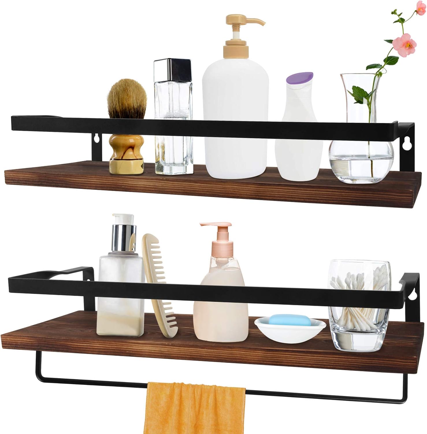 POZEAN 2 Pack Floating Shelves, Storage Shelves Wall Mounted for Kitchen, Bathroom, Bedroom, Rustic Wood Wall Storage Shelves Set of 2 with Removable Towel Holder, Strong Metal Frame