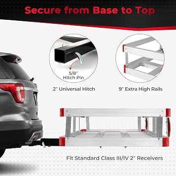 Aluminum Cargo Carrier, Hitch Mount Luggage Basket with 9 High Side Rails, 5/8 Pin, Straps & Reflectors, Heavy Duty Cargo Basket Fits 2 Receiver for SUV & Truck, 500 lbs Capacity