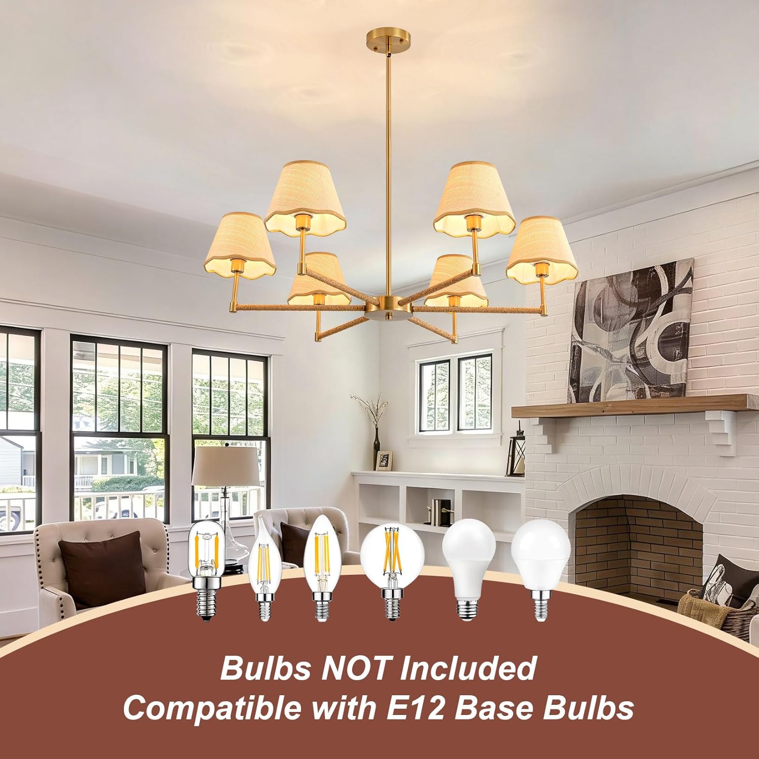 6-Light Boho Rattan Chandelier 37.4" Large Boho Light Fixture Gold Farmhouse Coastal Chandeliers with Hand Woven Lampshade for Dining Room Kitchen Island Living Room Bedroom Foyer