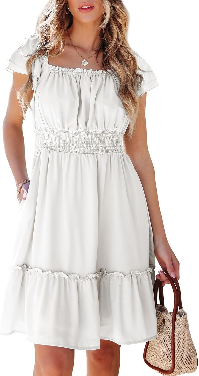 Dokotoo Womens Summer Dresses 2026 Ruffle Short Sleeve Shirred High Waist Tiered Smocked A-Line Casual Dress with Pocket