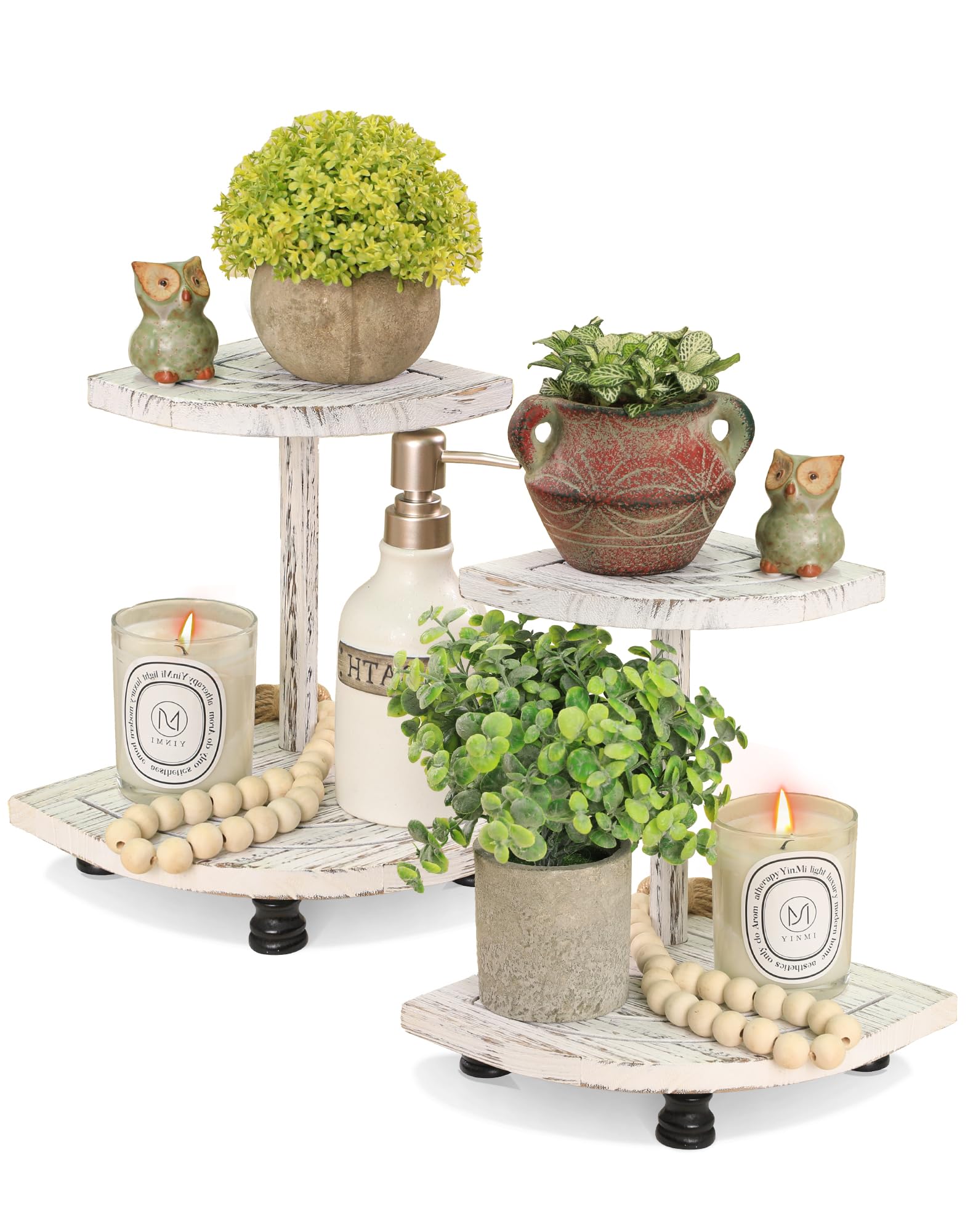 Tikea Elevadores decorativos de madera para exhibición, paquete de 2 estantes esquineros de granja para decoración de encimera de cocina, baño, soporte de pedestal para dispensador de jabón, velas y