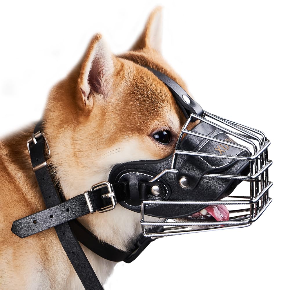 Bozal para perro: canasta de metal ajustable y duradera, bozal de cuero, bozal para perros grandes, cesta que permite jadear y beber, cómodo, ligero, bozal para perros de tamaño mediano, perros