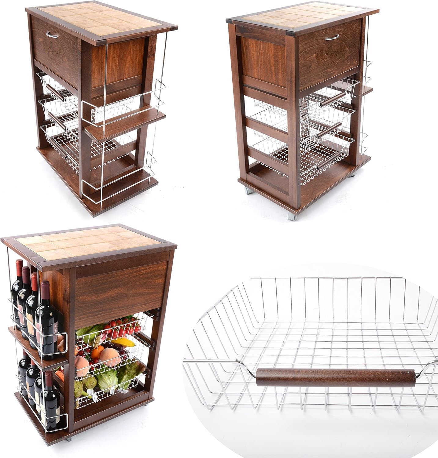 MASLEGNO Carrello in faggio portafrutta portapane portabottiglie h.85 cm 59x39 cm (Noce)