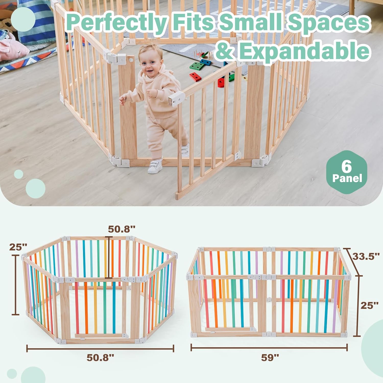 Foldable Wooden Playpen-51x51x25in-Large Baby Gate Playpen with Child-Proof Lock-Easy Assembly, Portable Design for Babies & Toddlers- Shape& Size Adjustable Baby Fence Play Area(Multicolor, 6 Panel)