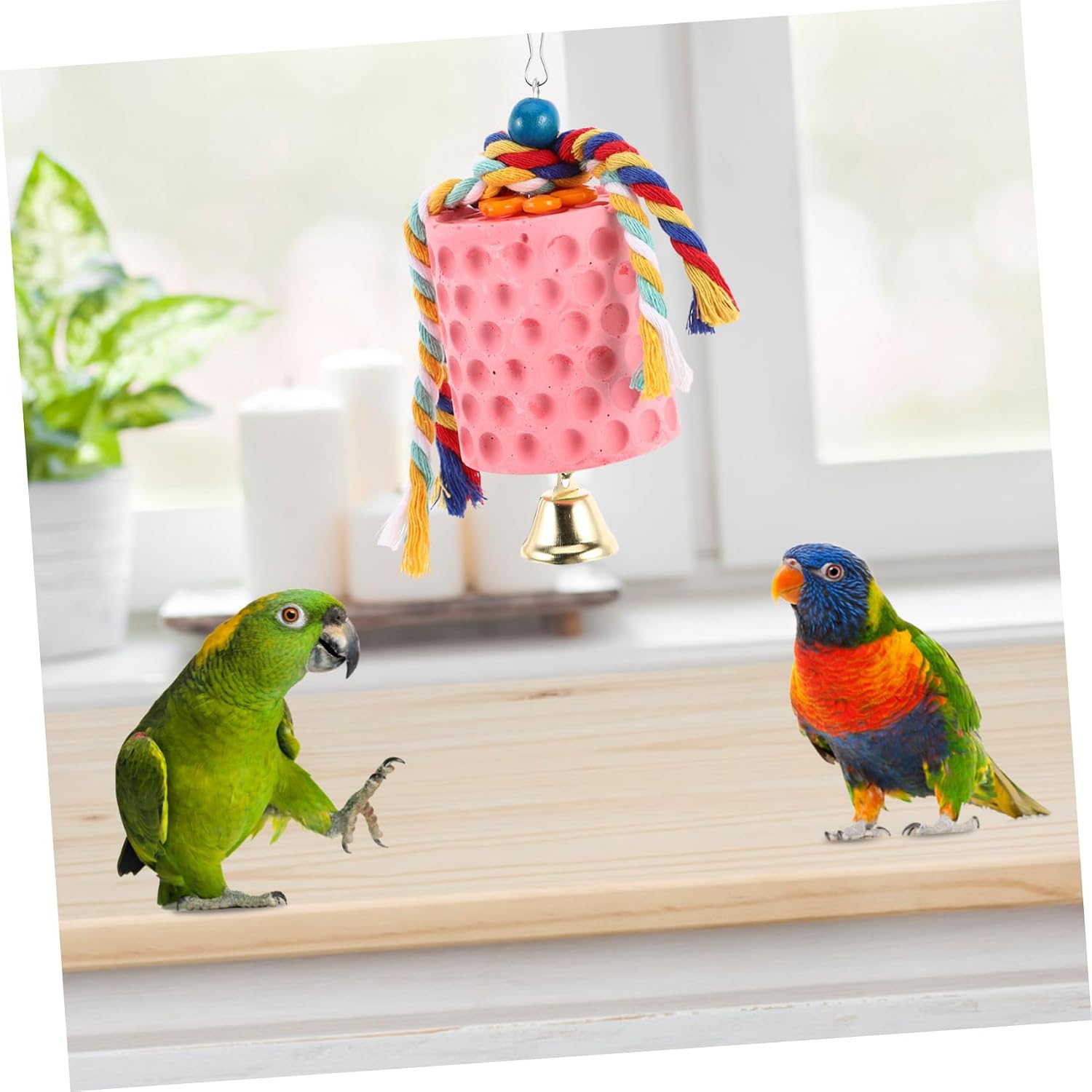 Bird Chewing Toy with Interactive Bell Mineral Block Beak for Parrots Chinchillas and Bunnies Convenient Hanging Design for