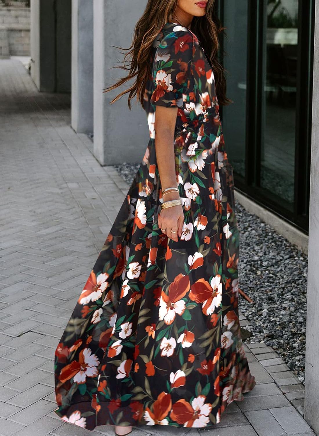 BLENCOT Womens Casual Boho Floral Printed V Neck Short Sleeve Long Evening Dress Ruched Cocktail Party Maxi Wedding Dress - Image 3