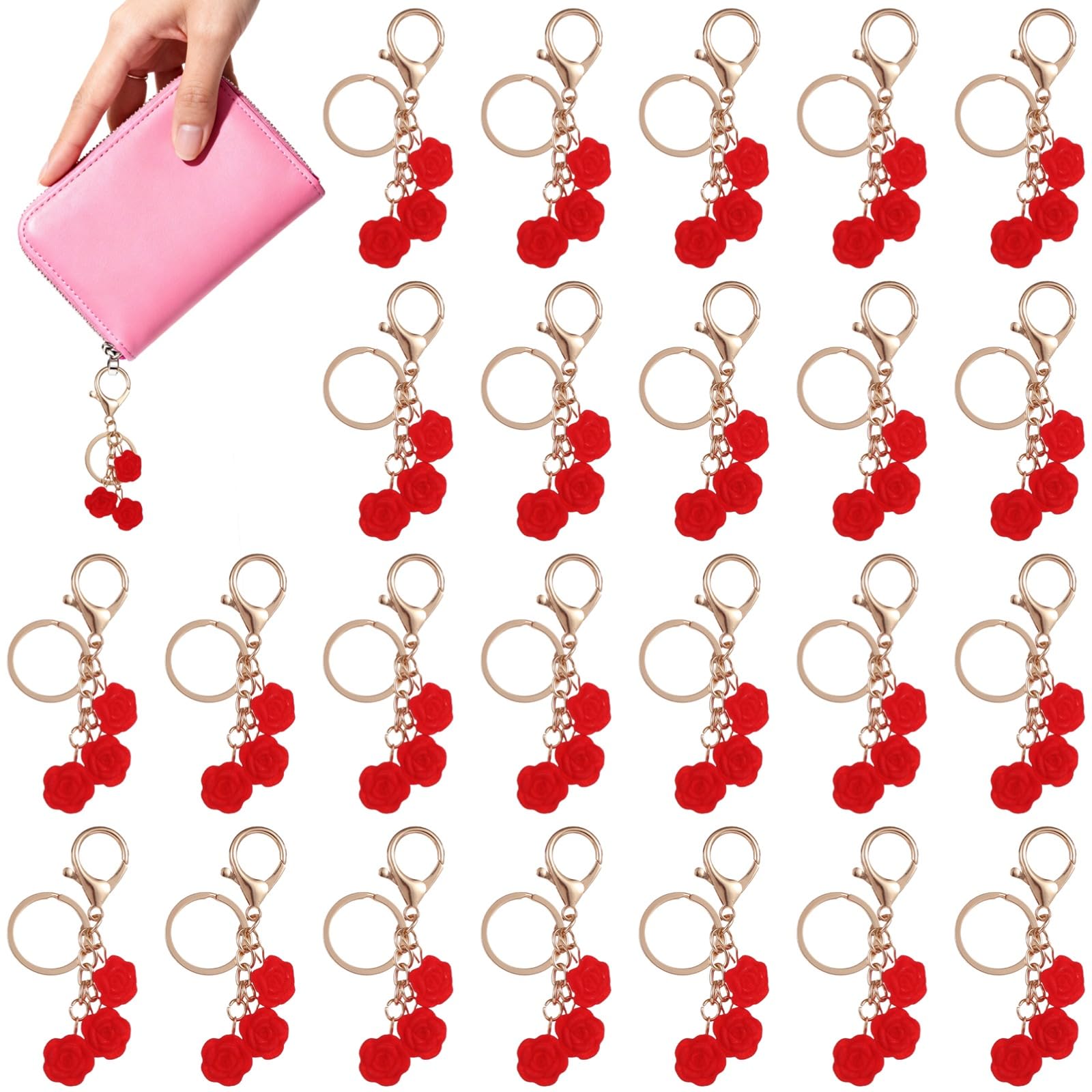 25 Stk. Rosen Schlüsselanhänger aus Legierung, rote Blumen Schlüsselanhänger im Großpack als Gastgeschenk für die Hochzeit, romantische Party Mitgebsel, Geschenk für Frauen, 9 x 3 x 1 cm