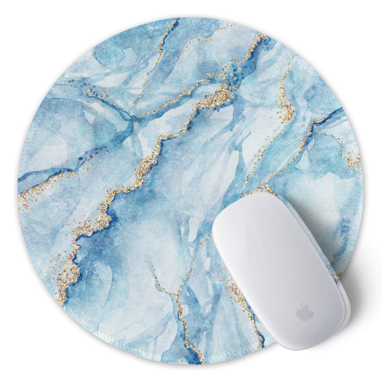 ITNRSIIET Tapis de Souris Rond, Tapis Souris pour Ordinateur PC Bureau Portable, Étanche Surface Lisse, Base Antidérapante en Caoutchouc, avec Bord Cousu, Marbrure Bleue - 2