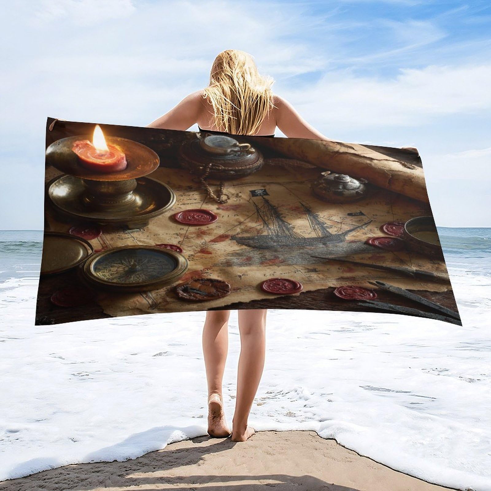 Luyysky Beautiful Abstract Old Map Absorbent Beach Towel, Classic Nautical Mid Century Modern Map Sailing Ship Compass Outdoor Single-Sided Velvet Beach Towel-80 W Cm X 160" L Cm