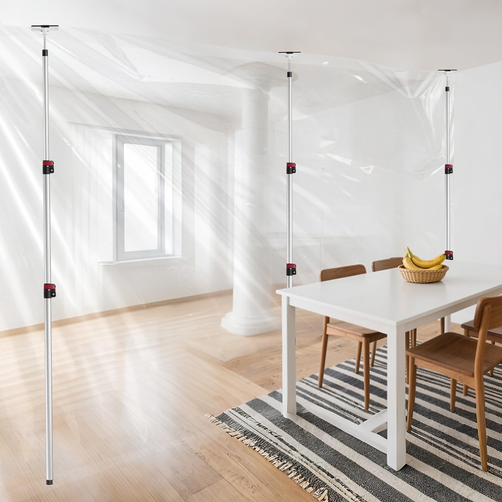 12ft dust barrier poles 4 pack withcarry bag, stainless steel retractable zipper wall poles kit for renovation, remodeling and isolation work
