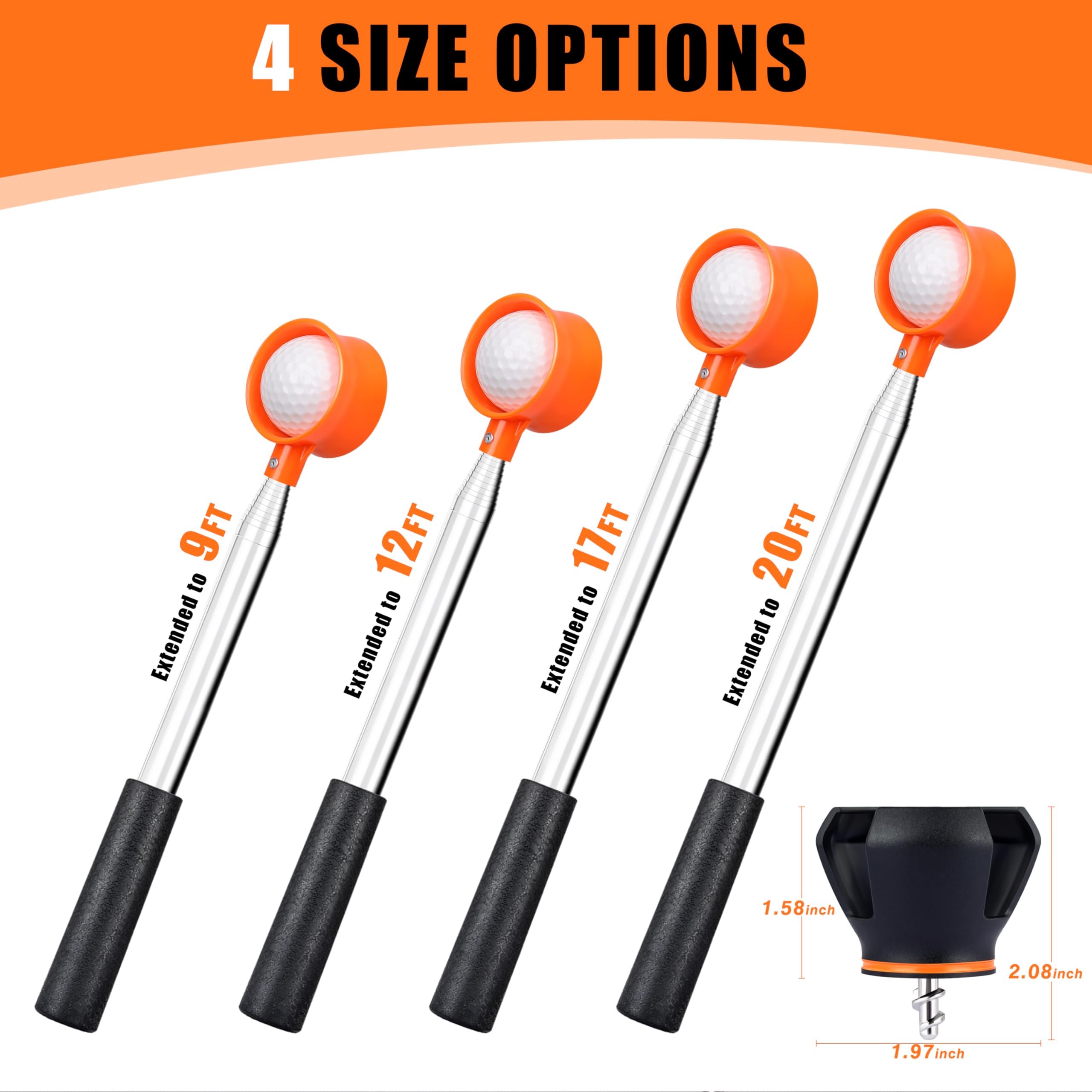 Recuperador de pelotas de golf telescópico, con agarrador de pelotas de golf para extremo de putter, recuperador de pelotas de golf de acero inoxidable de 9 pies, 12 pies, 17 pies, 20 pies