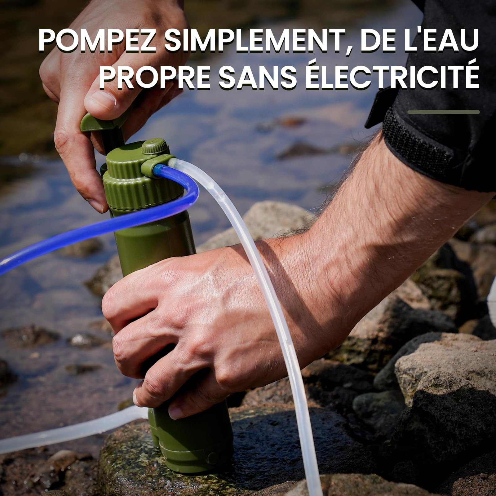 Filtres à eau pour extérieur survie avec filtre RO - Purificateur d'eau avec capacité de filtration de 10000 L Pompe portable Filtres à eau pour camping et randonnée (Vert armée)