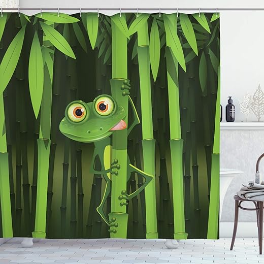 Ambesonne Animal Shower Curtain, Funny Illustration of a Friendly Fun Frog Character on Jungle Trees Nature Forest Cartoon, Cloth Fabric Bathroom Decor Set with Hooks, 69" W x 70" L, Green