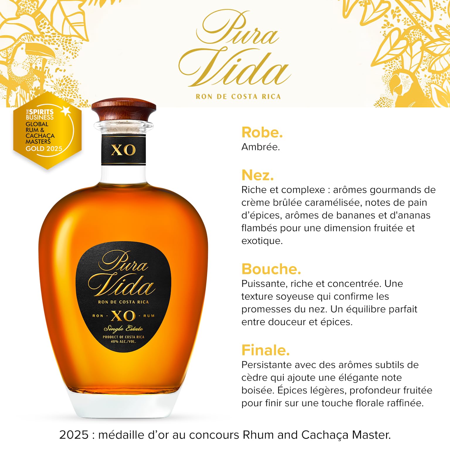 PURA VIDA - Rhum XO - Rhum Vieux - Médaille d’OR au Rum and Cachaça Masters 2025 - 40 % Alcool - Origine : Costa Rica - Bouteille 70 cl