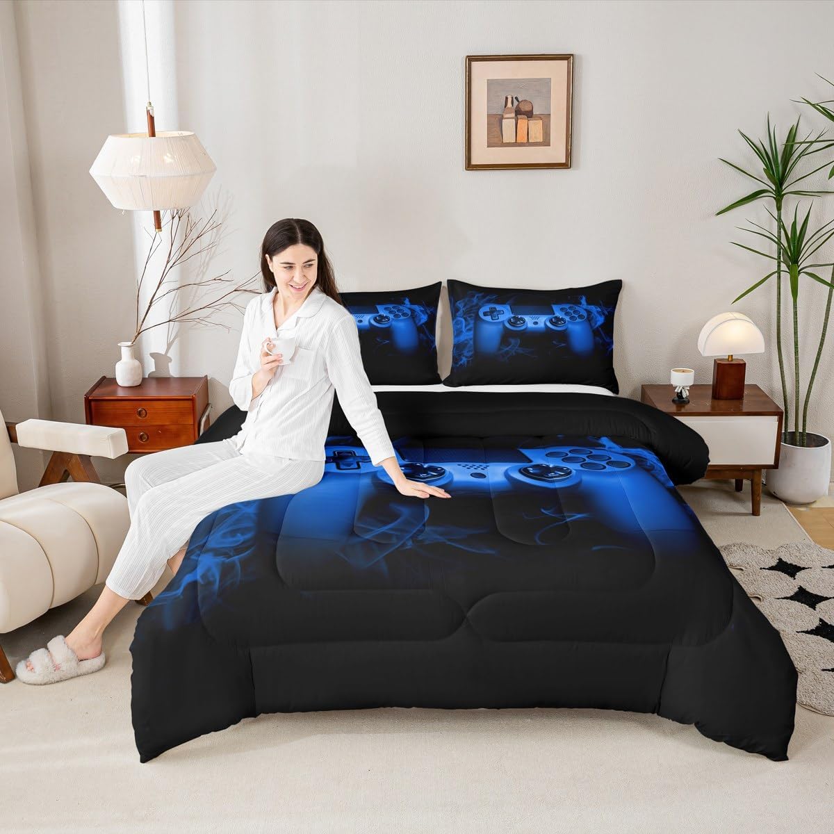 Feelyou Blue Gaming Comforter Set King Size Gamer Comforter Teens Boys Video Game Decor Bedding Set Kids 3 Piece Console Game Controller Quilted Duvet Set Soft Black