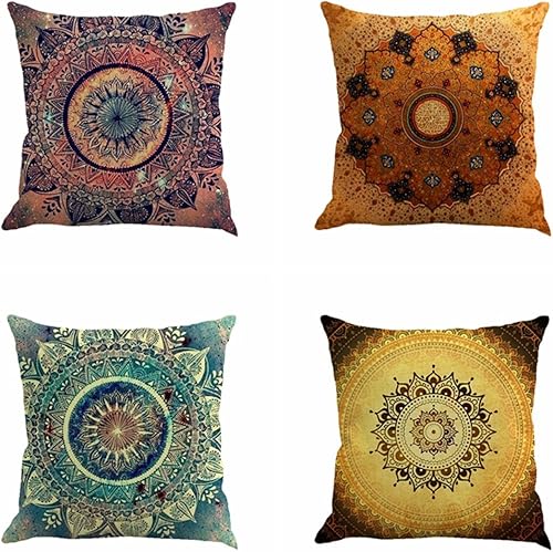 Juego de 4 fundas decorativas para almohadón de sillón, con diseño retro, floral, de medallones de mandalas bohemios, veraniegos, con forro de