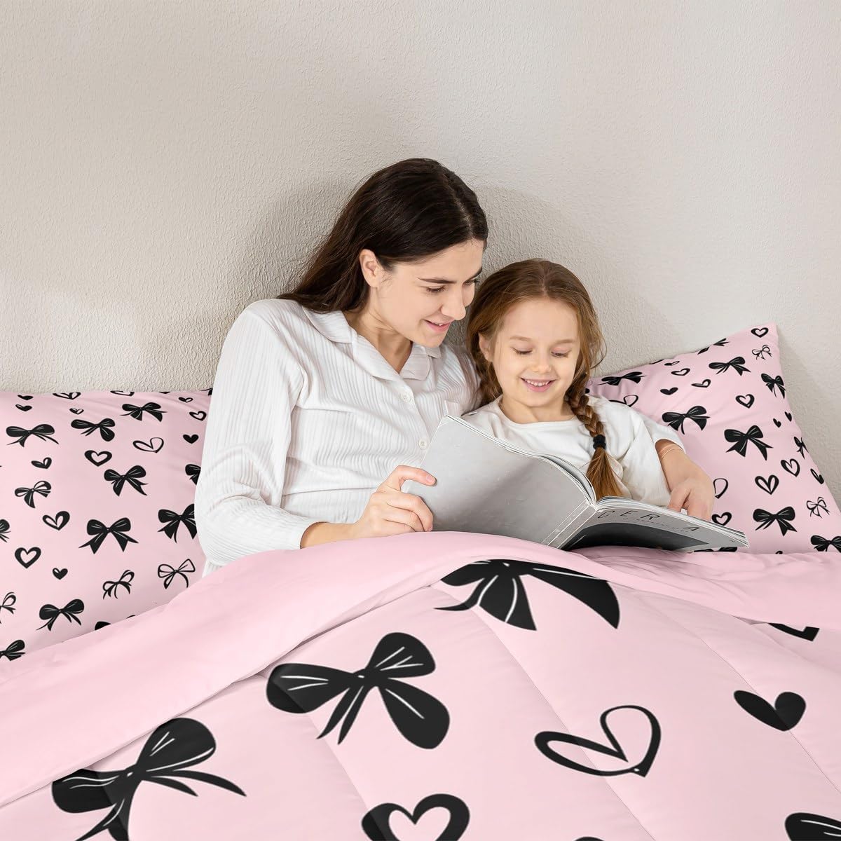 Feelyou Cute Bowknot Bedding Set Toddler Size Black Bow Bedding Set for Kids Teens Adults Kawaii Light Pink Duvet Quilt Princess Room Decor 2Pcs with 1 Pillow Case All Season Soft