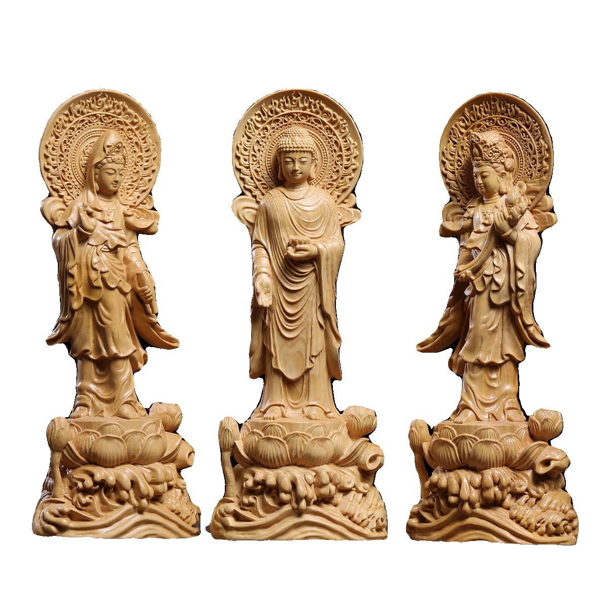 Amazon｜小葉黄楊木 木彫り 仏像 仏壇仏像 阿弥陀三尊（西方三聖