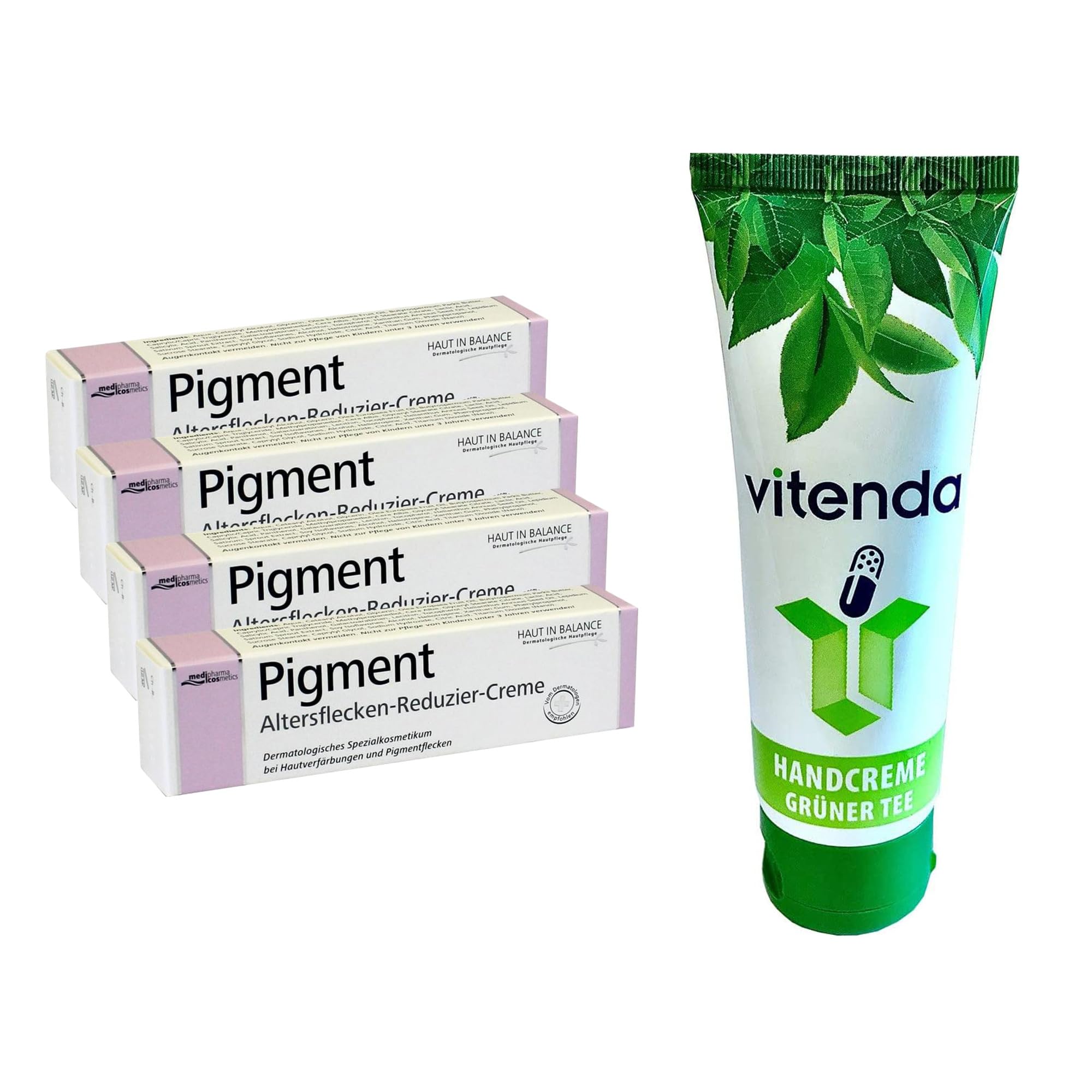 Set: Altersflecken-Reduzier-Creme mit Alpha-Arbutin & Vitamin C bei Pigment- & Altersflecken, mit medipharma, 4x20ml – inkl. vitenda Handcreme