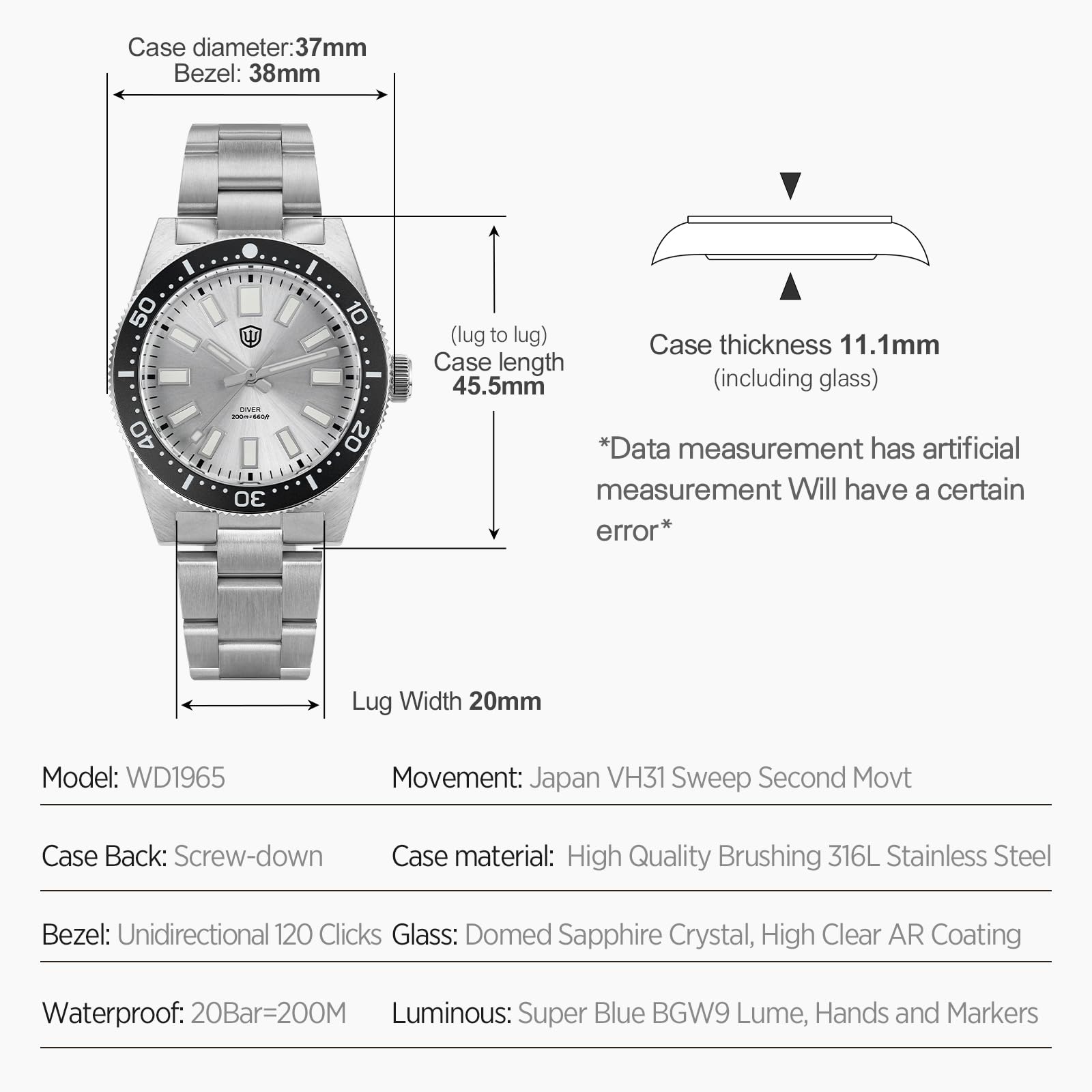 watchdives VH31 Relojes De Cuarzo, WD1965 62MAS Reloj De Buceo 38mm Cristal De Zafiro Abombado Reloj De Pulsera De Lujo 200M Resistente Al Agua Relojes