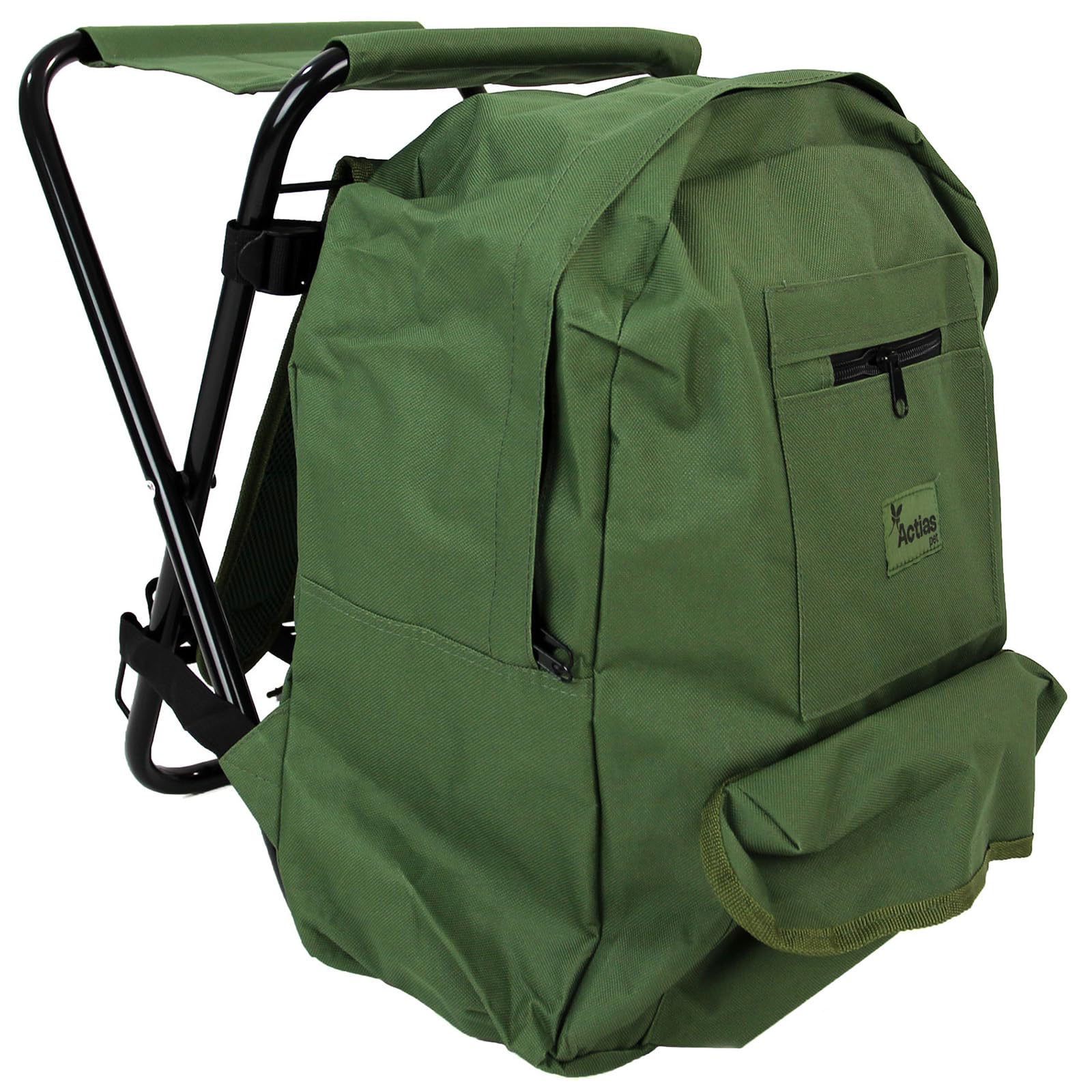 Actiaspet Fishing Tackle Backpack with Folding Stool Green Lightweight Rucksack Seat with Storage Pockets & Adjustable Straps, 32cm x 42cm