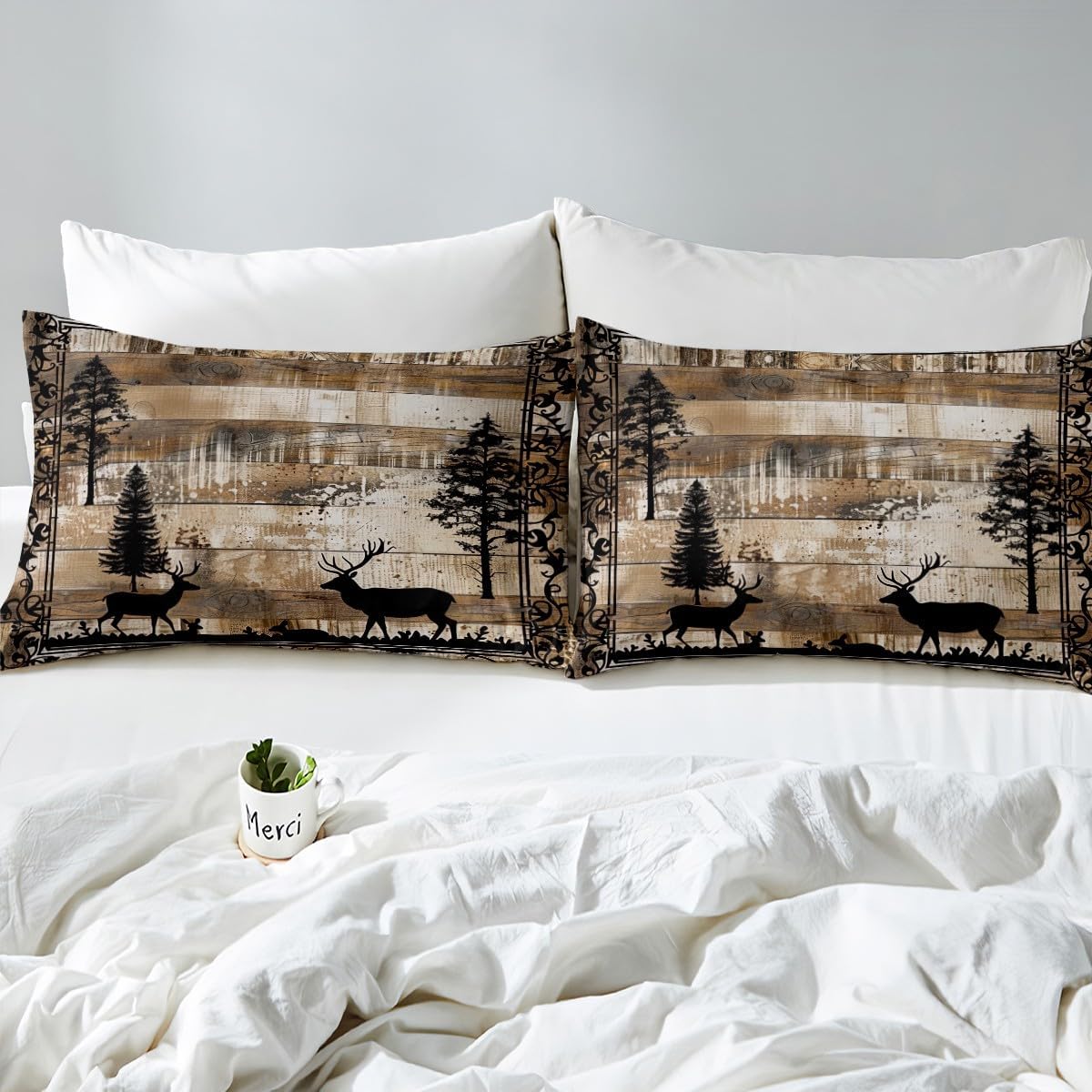 Rustic Deer Fitted Sheet Queen,Country Cabin Bed Sheets for Kids Teens Adult Woodland Wildlife Elk Moose Pine Trees Sheets Reindeer Bed Set Vintage Wood Plank Farmhouse Decorations