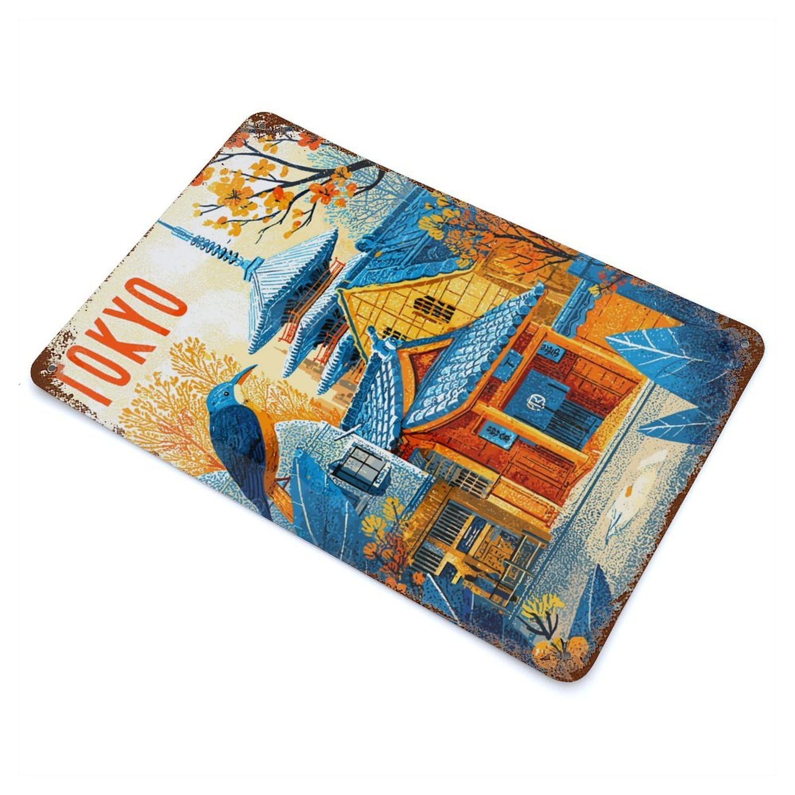 Tokyo Cityscape with Pagoda And Bird Weathered Tin Sign 11.8"x7.9", Classic Wall Plaque for Patio, Garden Room And Bar Decor