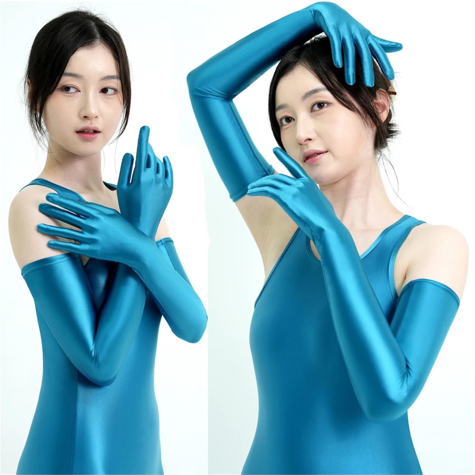 Guantes Largos De Satén Guantes de satén con Dedos conectados, Brillantes, elásticos, Largos, Ropa de Discoteca, Guantes de Vestir(Blue2,M)