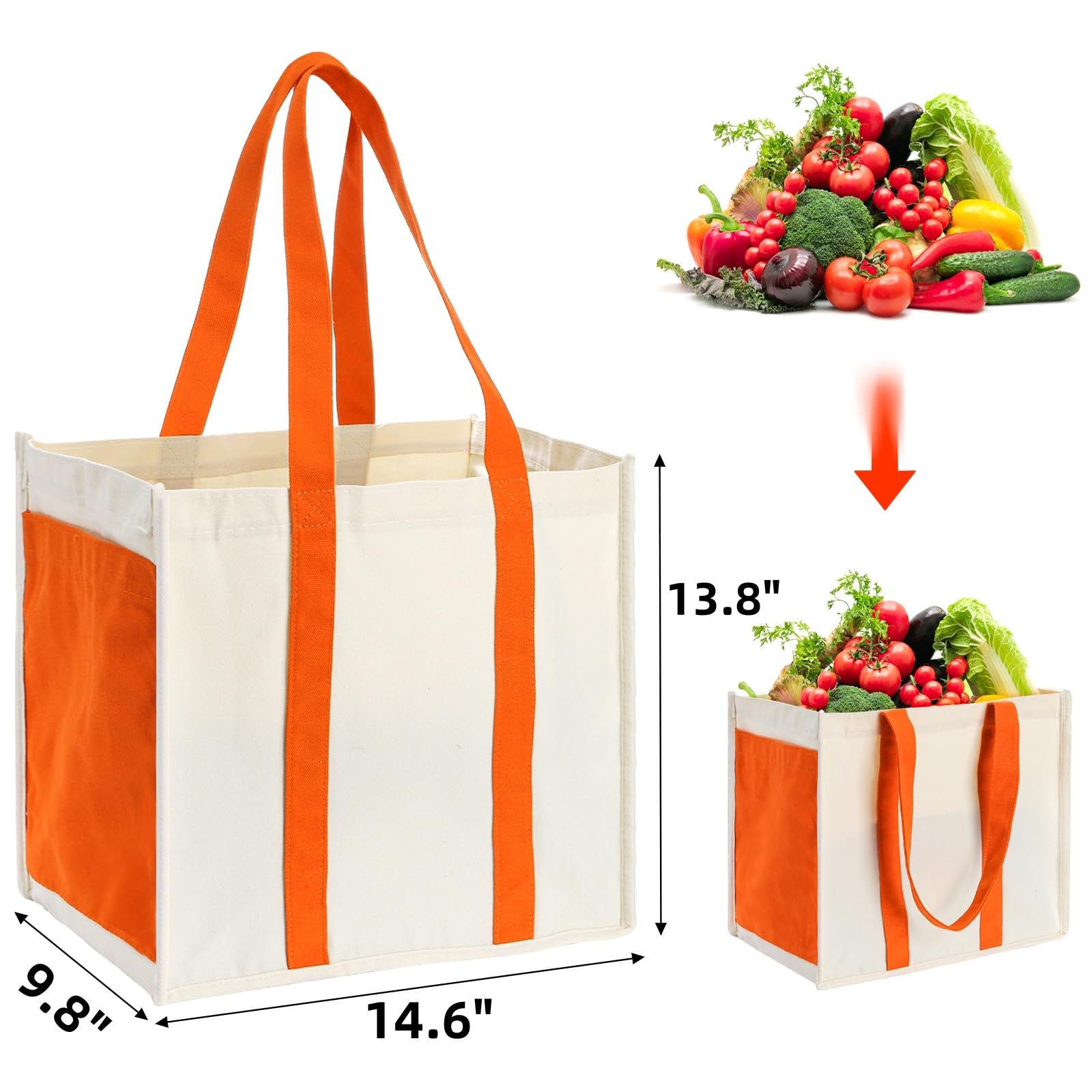 Covzoe Confezione da 4 borse della spesa riutilizzabili in tela, borsa per la spesa pieghevole con tasche laterali, borse in tessuto resistente con manico, grande borsa multiuso per shopping,