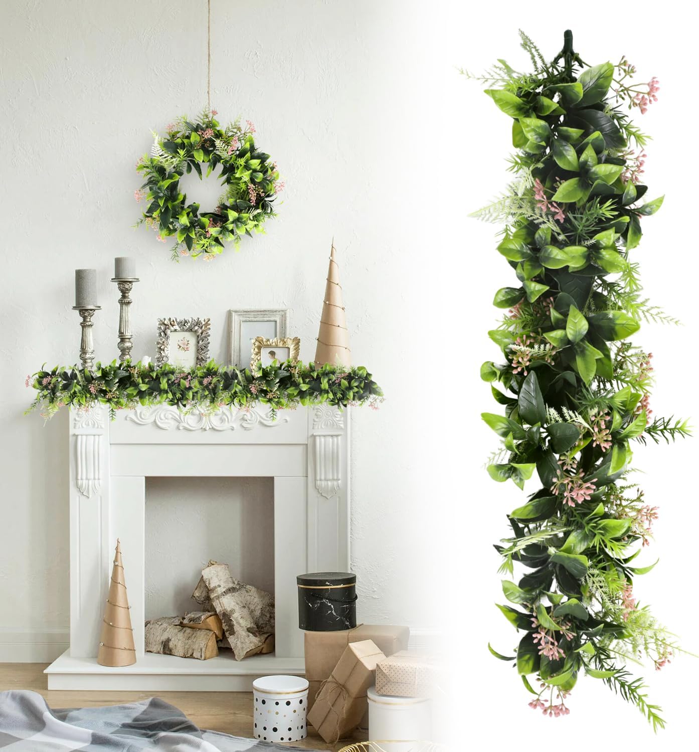 Patio Artificial Vines 19.7" Fake Hanging Plants-8Pc Faux Ivy Vine Leaves Flower Garland Fake Fern for Indoor Bedroom Wall Décor Outdoor Greenery Backdrop Wedding Decoration, Green with Pink