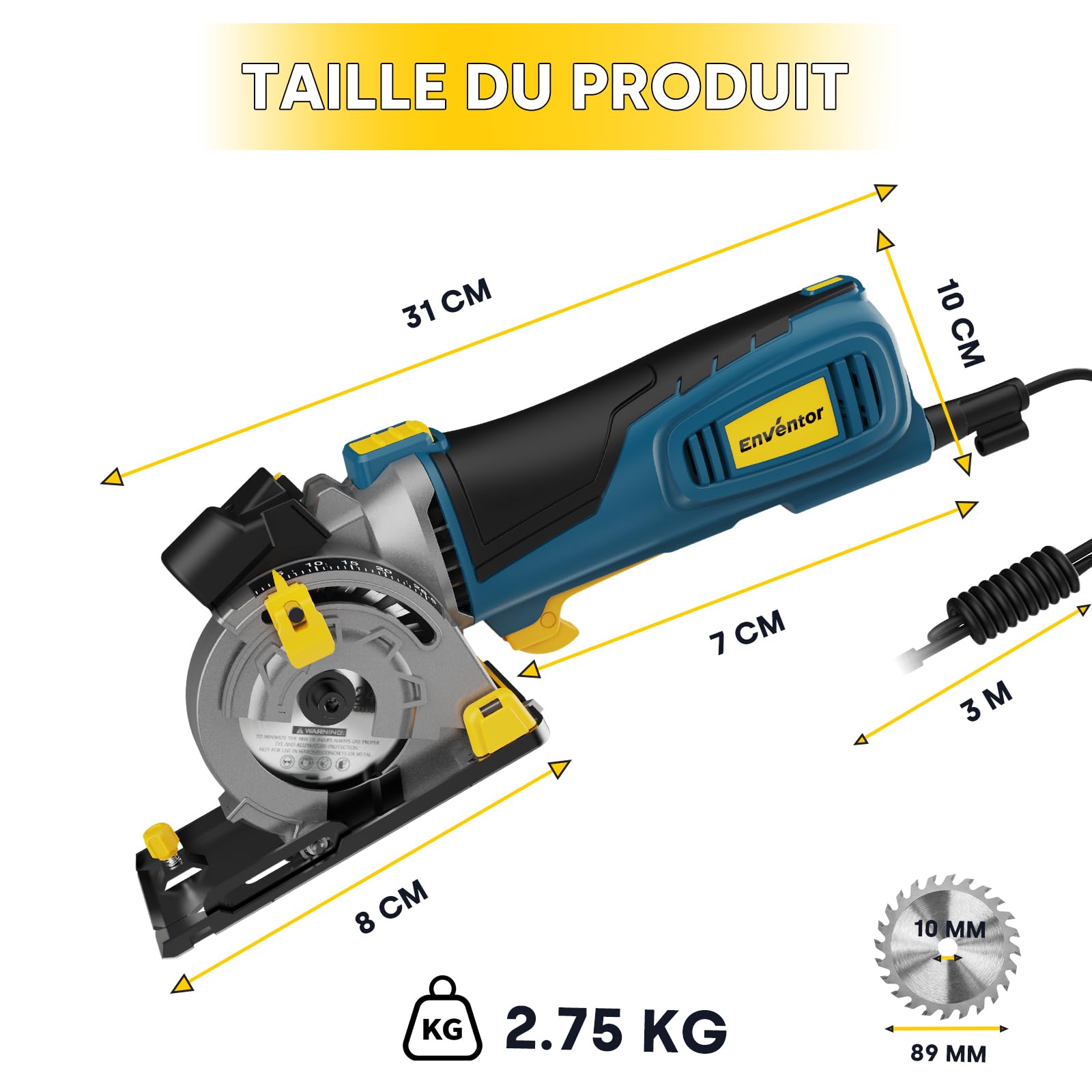 Enventor 600W Mini Scie Circulaire, Petite Scie Circulaire Portative avec échelle et Guide Laser, 5500RPM, Utilisation à une Main, 3 Lames de Scie, pour Bois, Carrelage, Plastique et Métaux fins