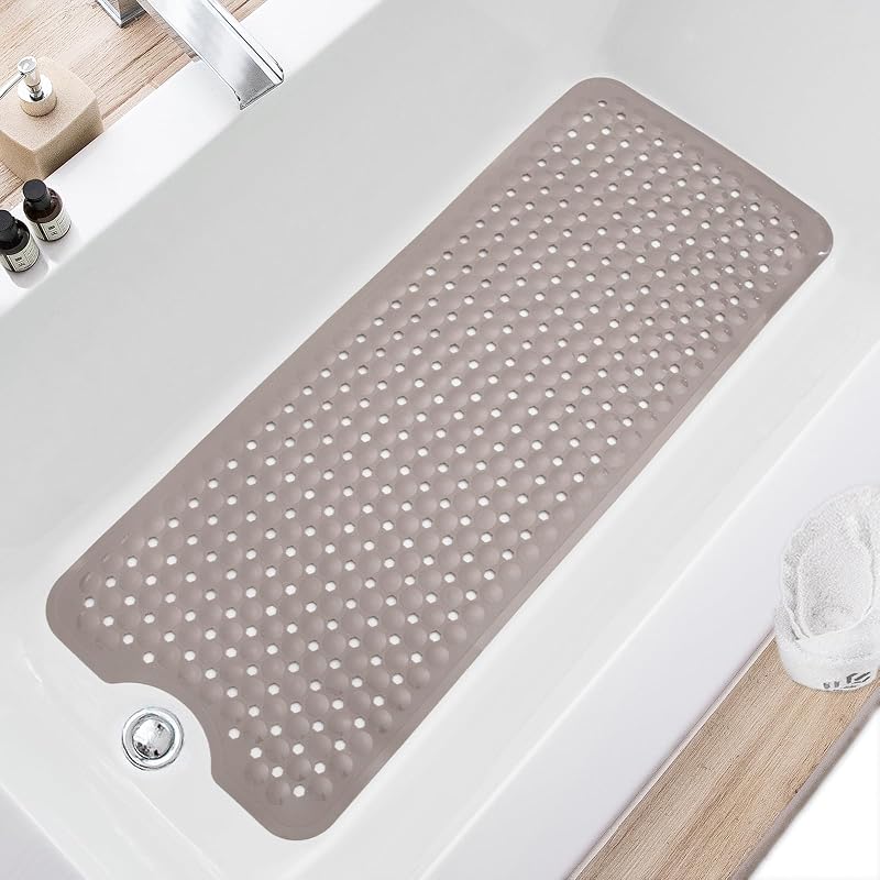TEESHLY Alfombrillas para bañera y ducha, antideslizantes, alfombrilla de bañera extralarga de 40 x 16 pulgadas, alfombrilla de baño lavable a máquina con orificios de drenaje, ventosas para suelo de baño, color canela