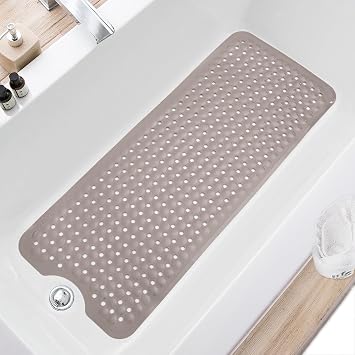 TEESHLY Bath Tub and Shower Mats, Non Slip 40 x 16 Inch Extra Long Bathtub Mat, Machine Washable Bathmat with Drain Holes, Suction Cups for Bathroom Floor, Tan