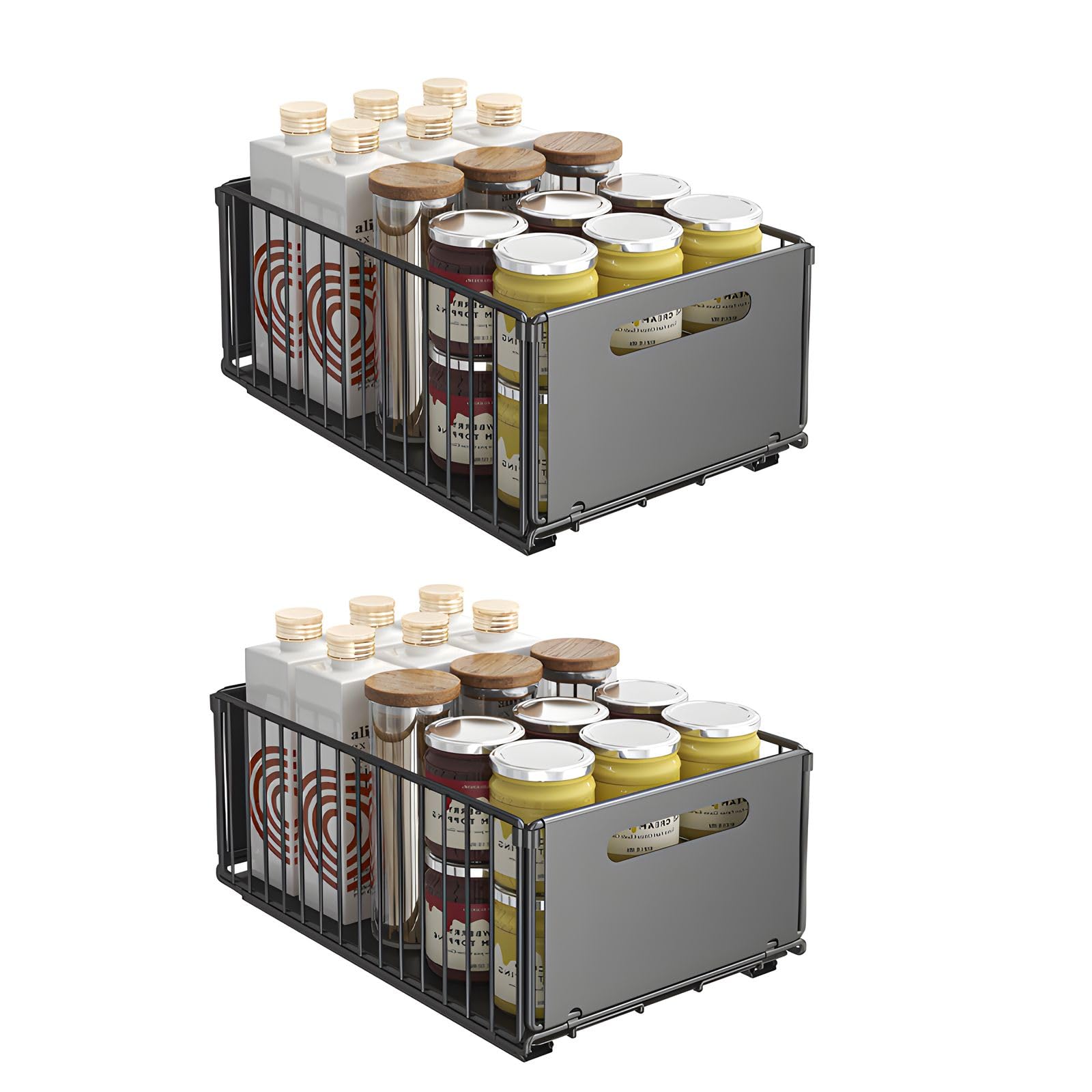 2PCS Pull Out Cabinet Organizer, Carbon Steel Slide Out Drawer Storage Shelves for Kitchen Cupboard, 37.5 x 24.5x 19CM Roll-Out Sliding Drawer, Black Heavy Duty Sliding Mesh Cabinet Basket