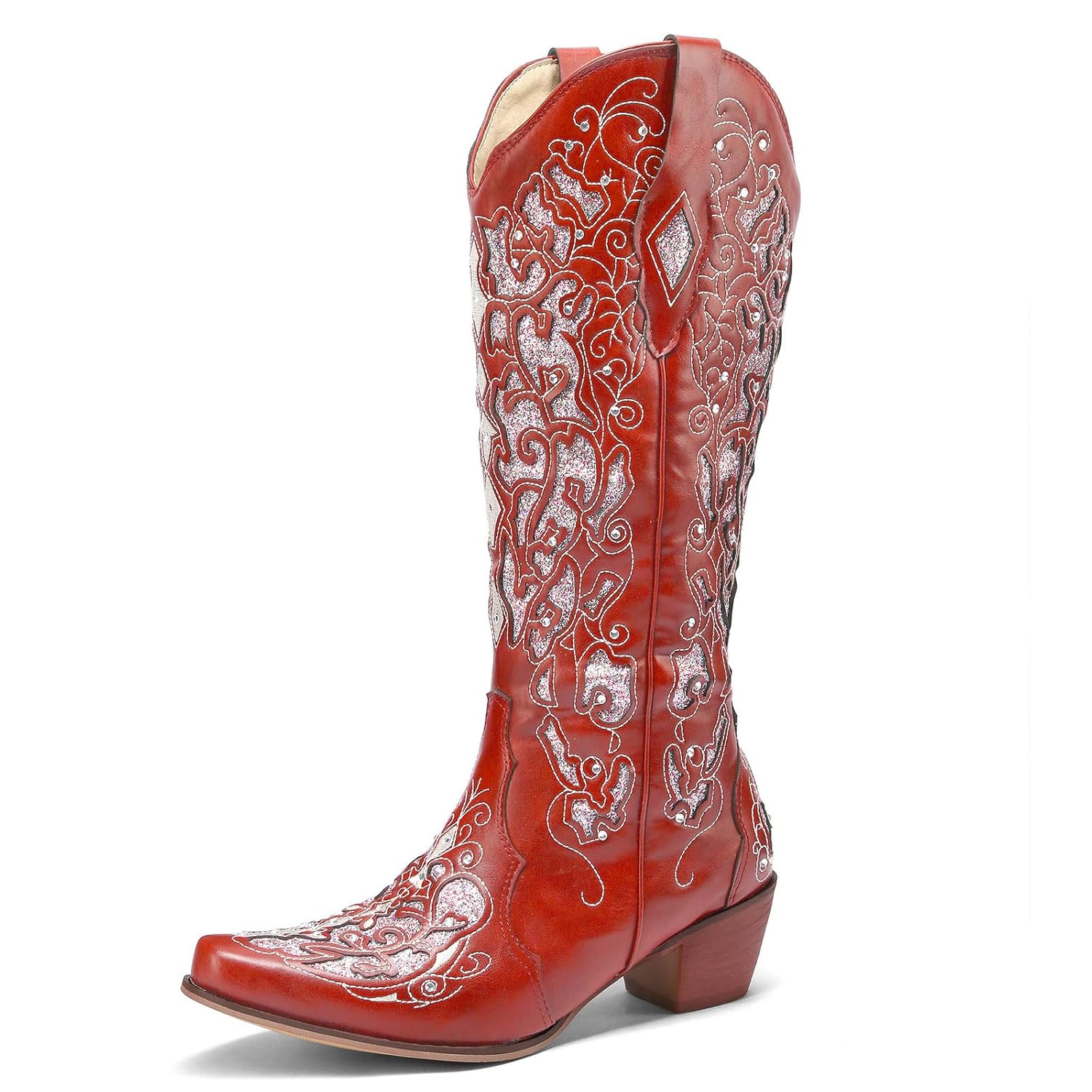 KiutSymo Glitter Rhinestone Cowboy Boots For Women Vintage Embroidered Cowgirl Boots Mid Calf Chunky Heel Sparkly Wedding Western