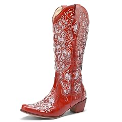 KiutSymo Glitter Rhinestone Cowboy Boots For Women Vintage Embroidered Cowgirl Boots Mid Calf Chunky Heel Sparkly Wedding Western