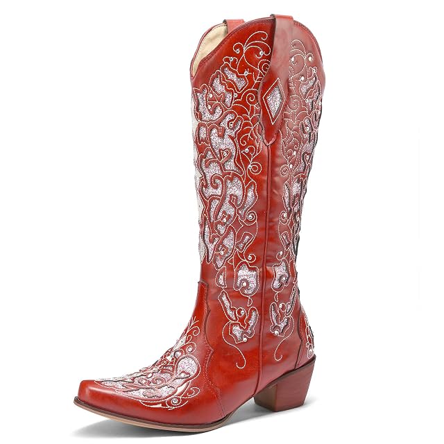 KiutSymo Glitter Rhinestone Cowboy Boots For Women Vintage Embroidered Cowgirl Boots Mid Calf Chunky Heel Sparkly Wedding Western