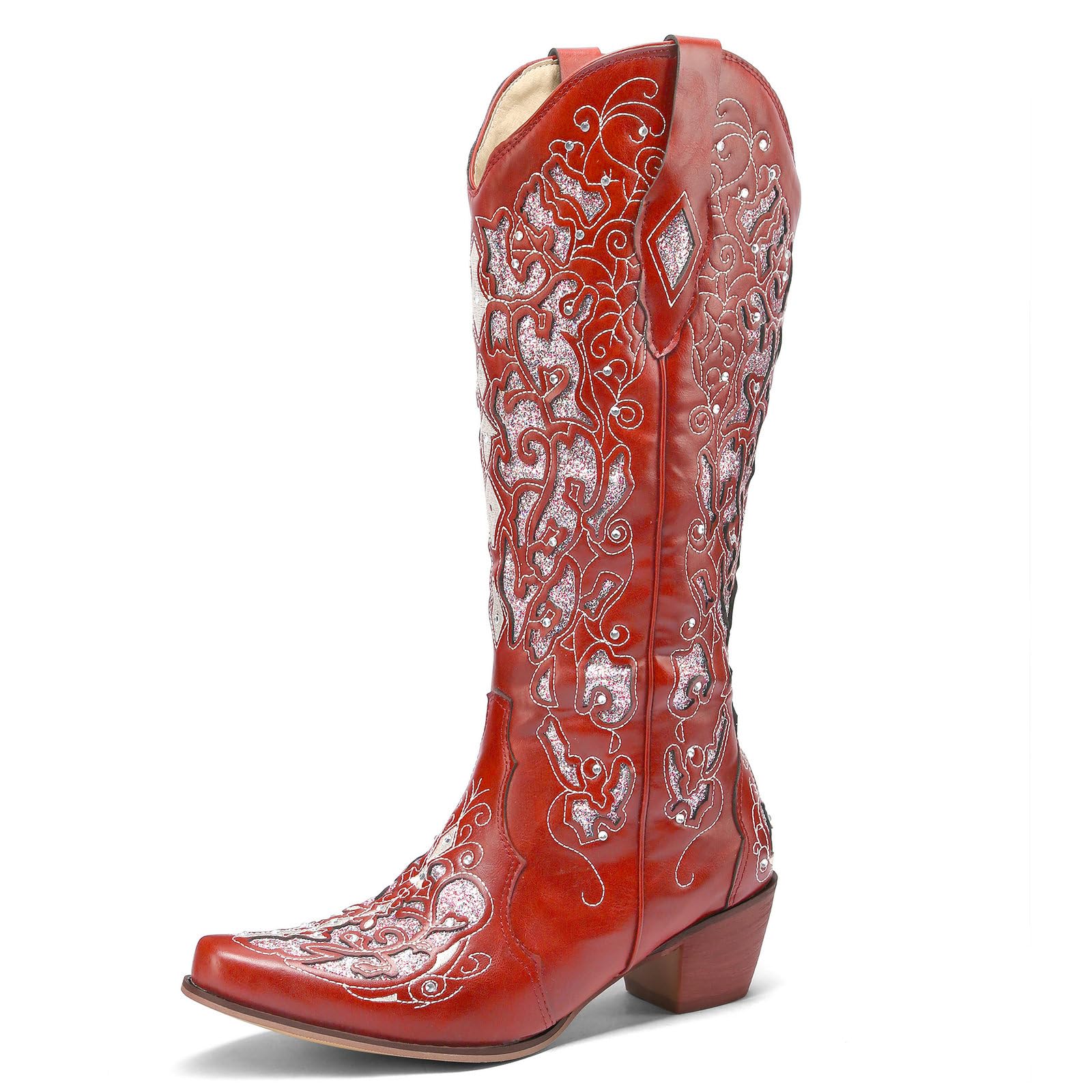 KiutSymo Glitter Rhinestone Cowboy Boots For Women Vintage Embroidered Cowgirl Boots Mid Calf Chunky Heel Sparkly Wedding Western