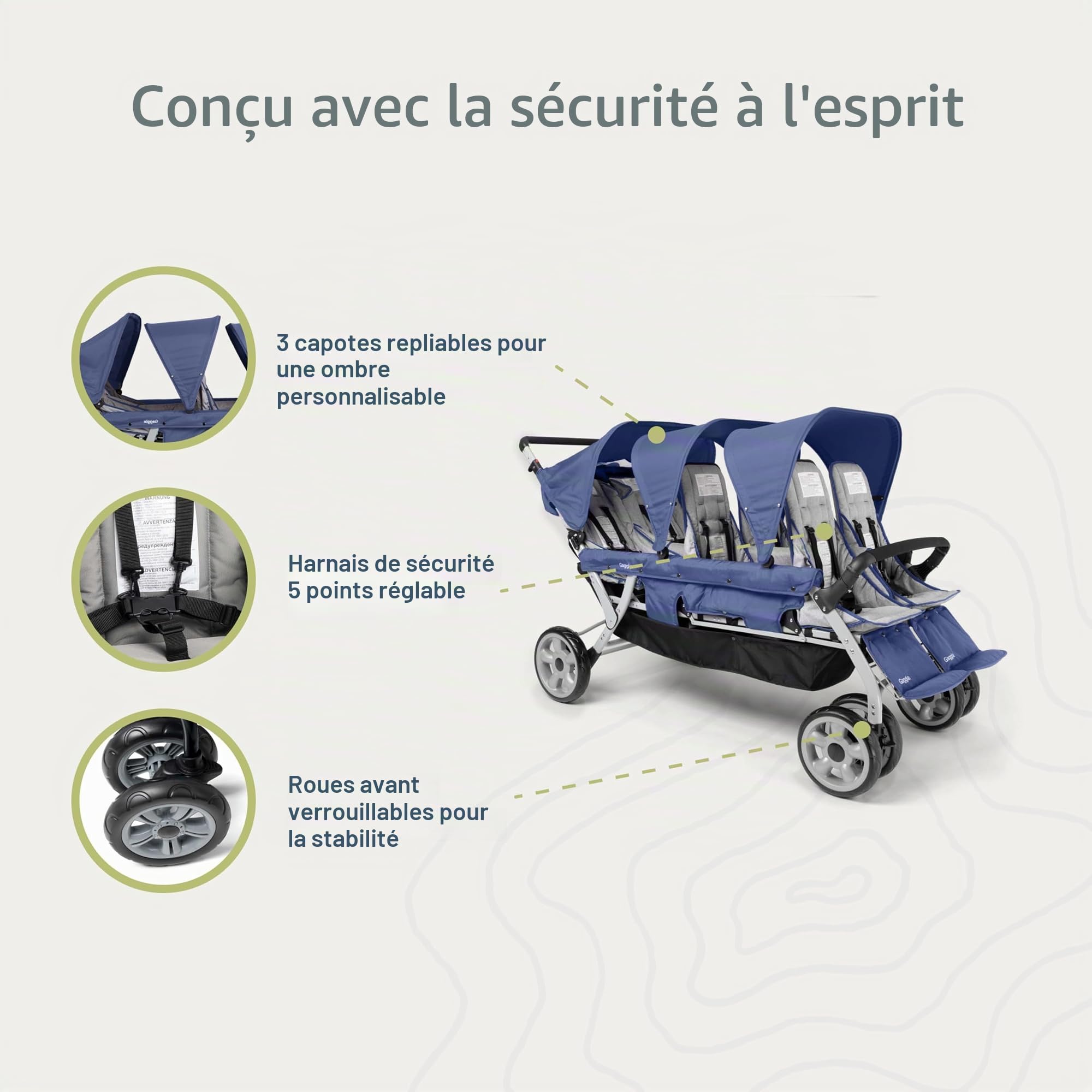 Gaggle Poussette multi-enfants Jamboree 6 places de Foundations avec auvents anti-UV, sièges inclinables, harnais de sécurité à 5 points, pliage compact pour garderies, parcs et voyages, noir