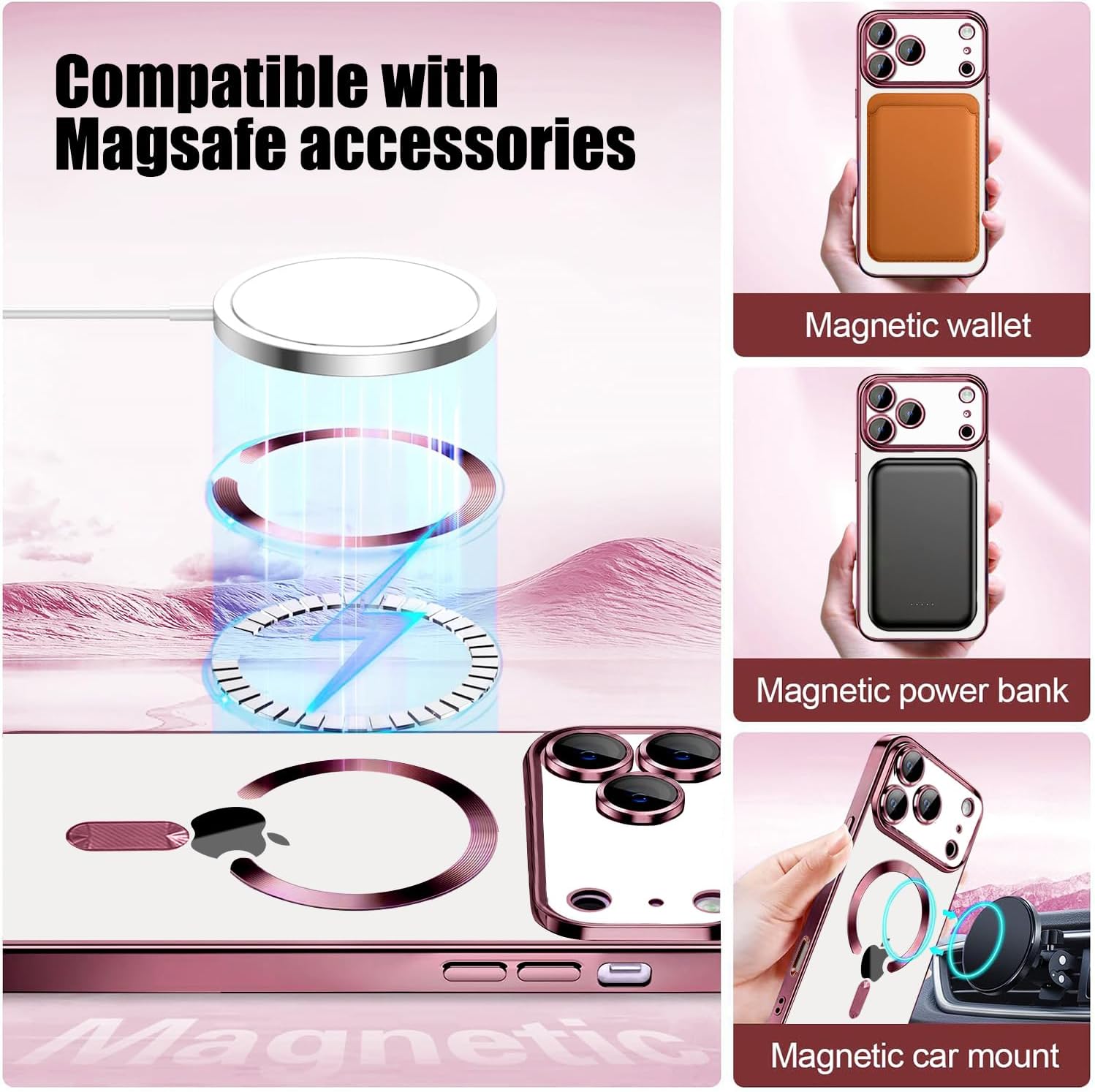 Misscase for iPhone 17 Pro Case with Privacy Screen Protector,[Camera Lens Protector] Clear Magnetic Luxury Plating Case Compatible with MagSafe Elegant Anti-Scratch Case Cover 6.3 inch Pink image 4