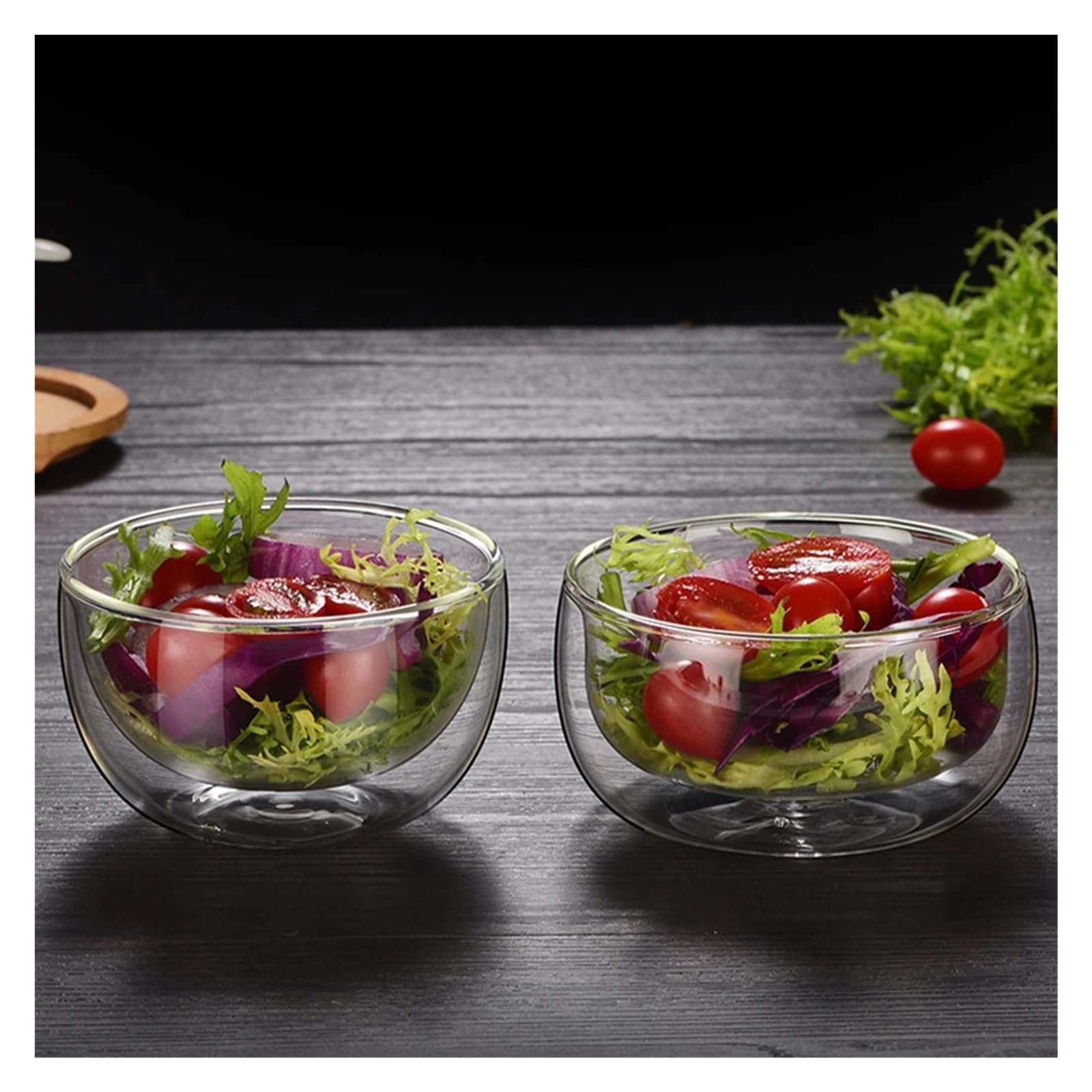 Ensaladera Cuenco de vidrio resistente al calor doble capa, vajilla for ensaladas, helados y microondas(300ml)