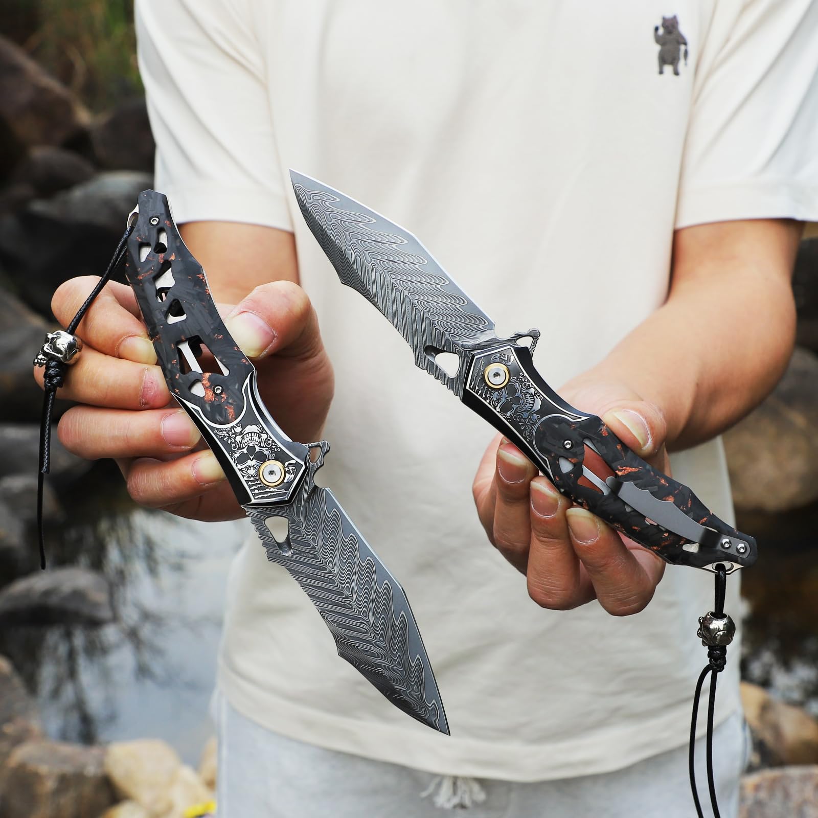 Handmade Men's Folding Pocket Knife, 9" Damascus Steel Folding Knife, Includes a leather sheath, Dazzling Cool Skull pattern, Carbon fiber handle with copper foil integration, Ideal for expedition cam