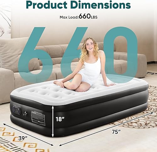 Miniatura 2 de Sweetcrispy Colchón de aire individual Colchón inflable inflable de 18 pulgadas con bomba de alta capacidad incorporada, doble altura, diseño