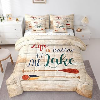 Erosebridal Life is Better at The Lake Comforter Set for Kids Boys Girls,Camper Wooden Lake House Bedding Sets Twin,Lake Paddle Bed in A Bag,Farmhouse Camping Reversible Bed Sets 7 Piece