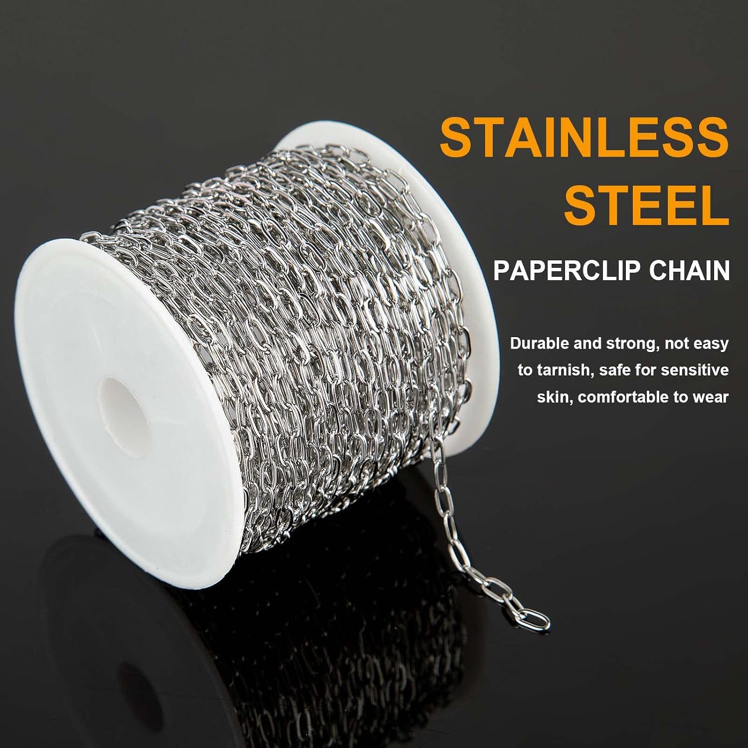 KYUNHOO 32.8 Feet 304 Stainless Steel Chain Bulk Silver Paperclip Chains for Jewelry Making Soldered Flat Oval Chains Link on Spool Paper Clip Chain Roll with Lobster Clasps and Jump Rings