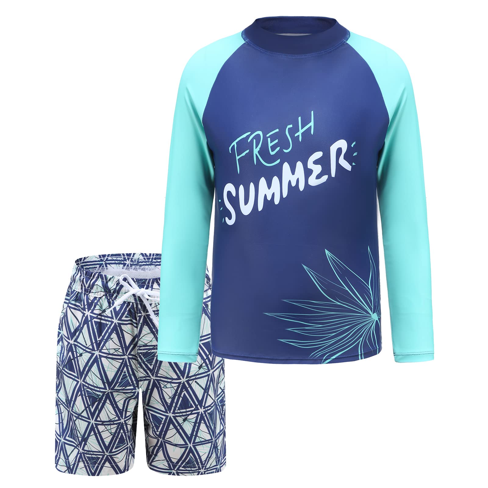 Boys Two Piece Rash Guard Swimsuits Set with Swim Trunk Kids Long Sleeve Bathing Suit Swimwear Set