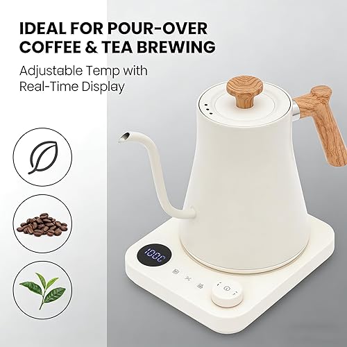 Miniatura 6 de Hervidor eléctrico de cuello de cisne, tetera eléctrica, 1200 W, hervidor de control de temperatura de acero inoxidable de 0.9 L, control de